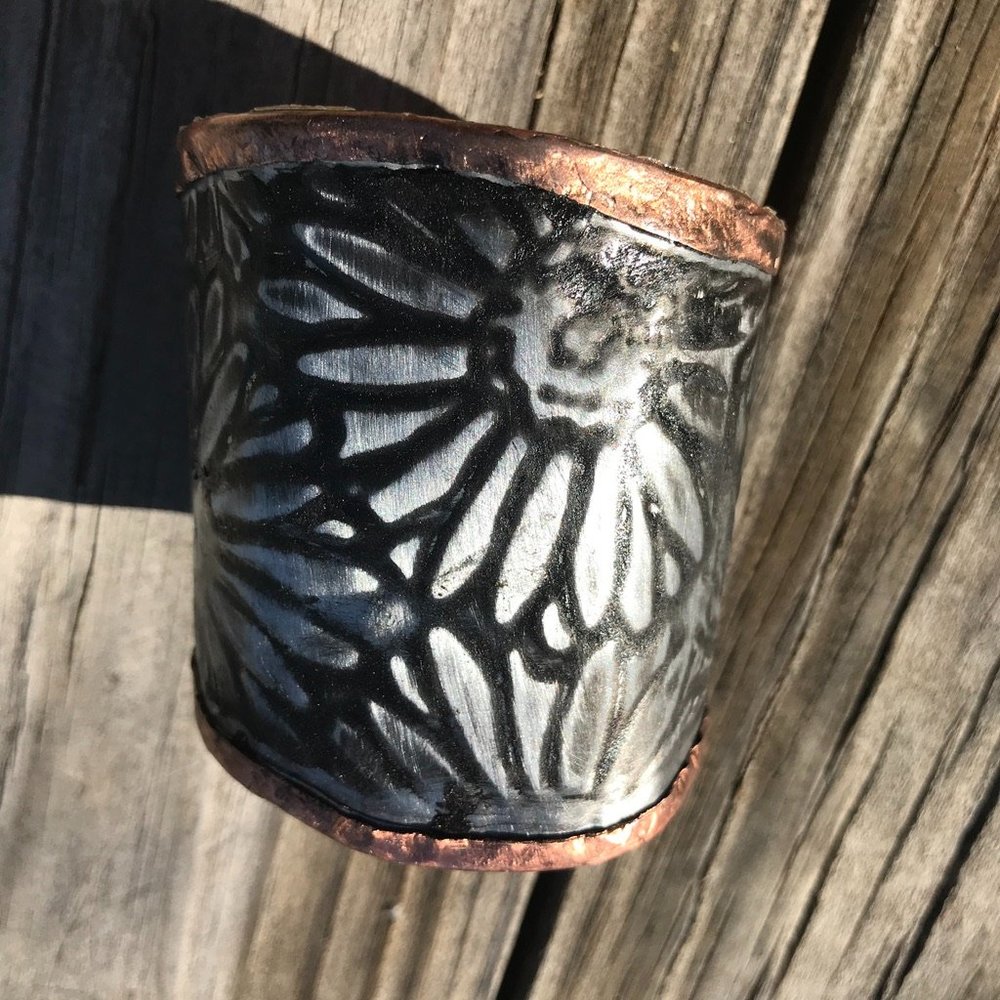 Sunflower Wide Cuff Solid Copper Silver Bracelet Boho Rustic Gladiator Spartan - Picture 10 of 14